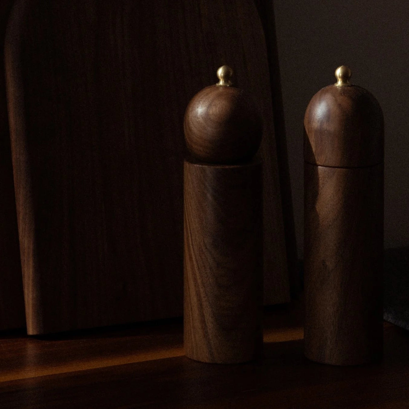Two wooden salt and pepper shakers on a dark surface with a dark curtain background.