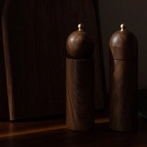 Two wooden salt and pepper shakers on a dark surface with a dark curtain background.