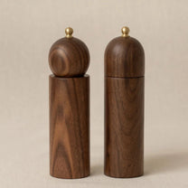 Wooden salt and pepper shakers on a beige background